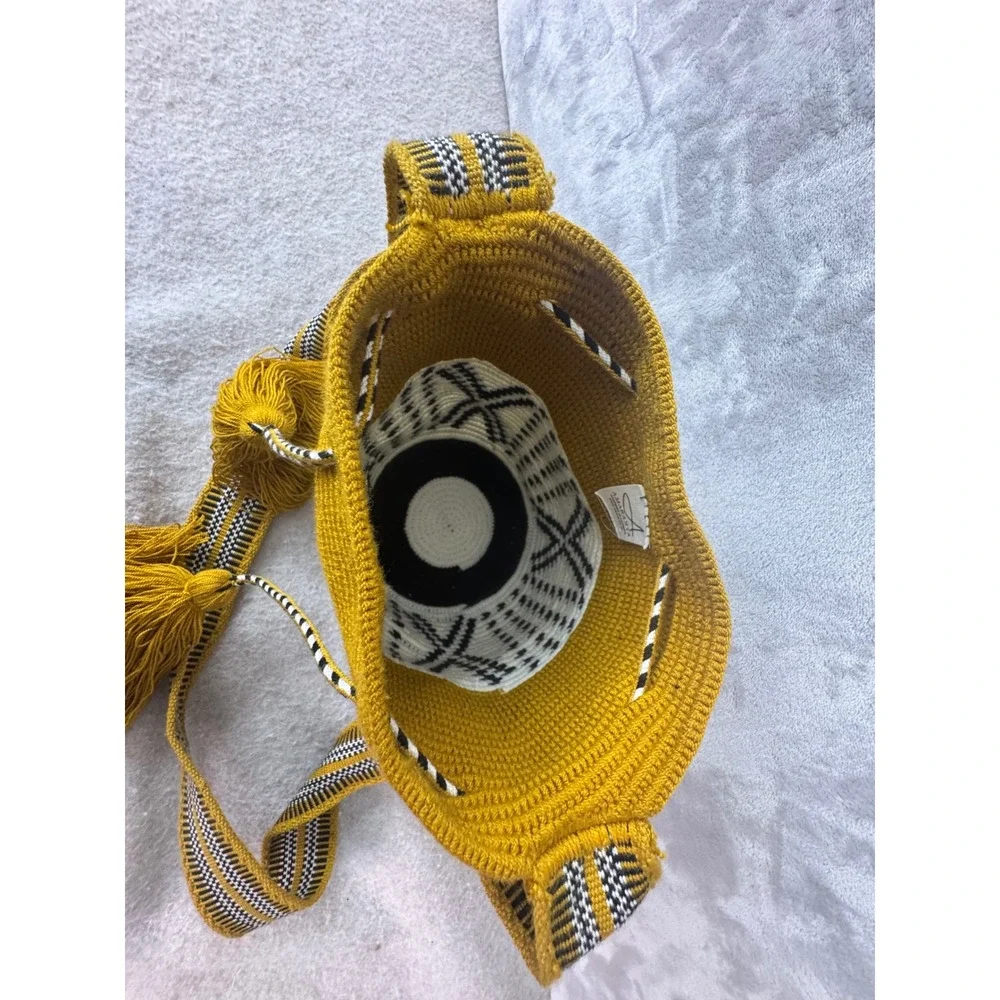 Amaranta Handmade Wayuu Mochila Bag Mustard Yellow Geometric Tassel Crossbody